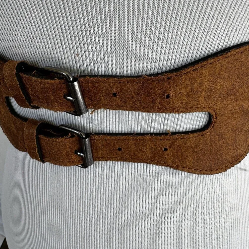 Boho Stretch Woven Crochet Belt Brown Faux Suede Double Buckle Corset 24-40 Inch